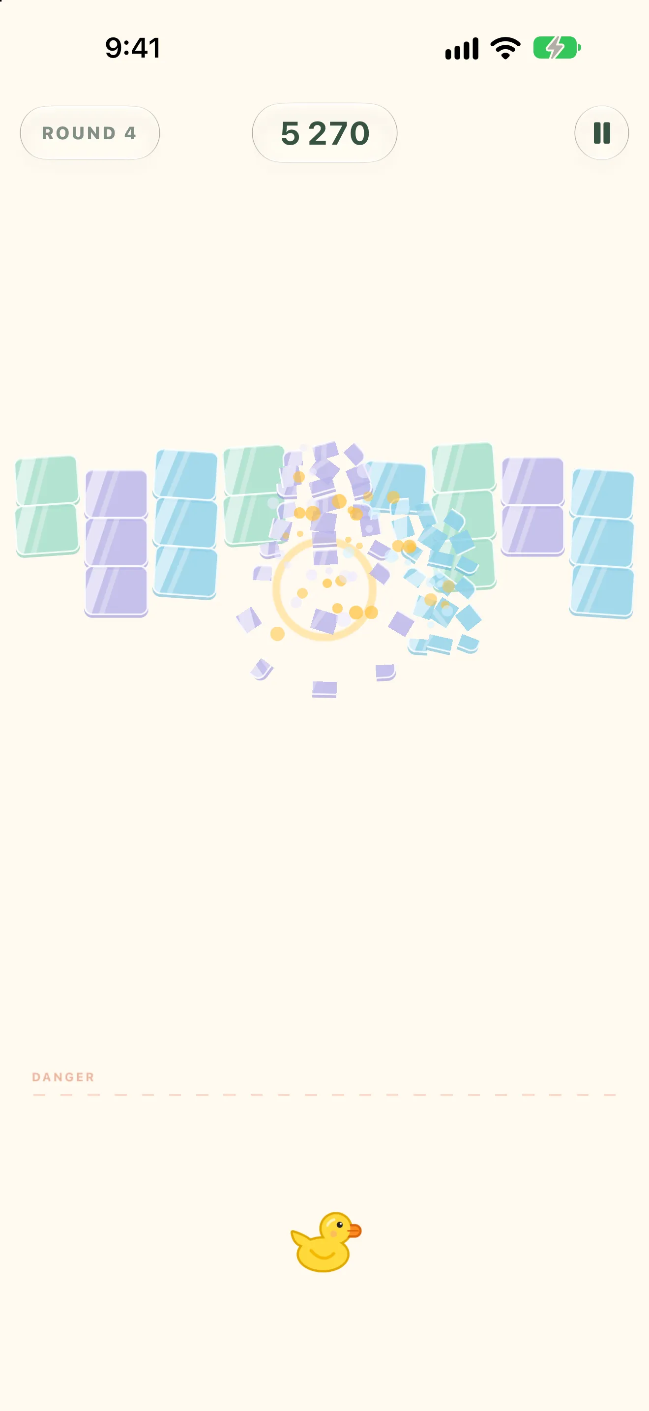 A glass wall shattering into pastel shards