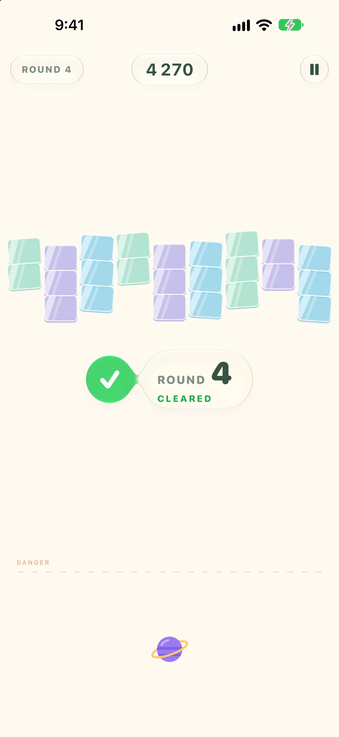Round cleared, with a green check mark